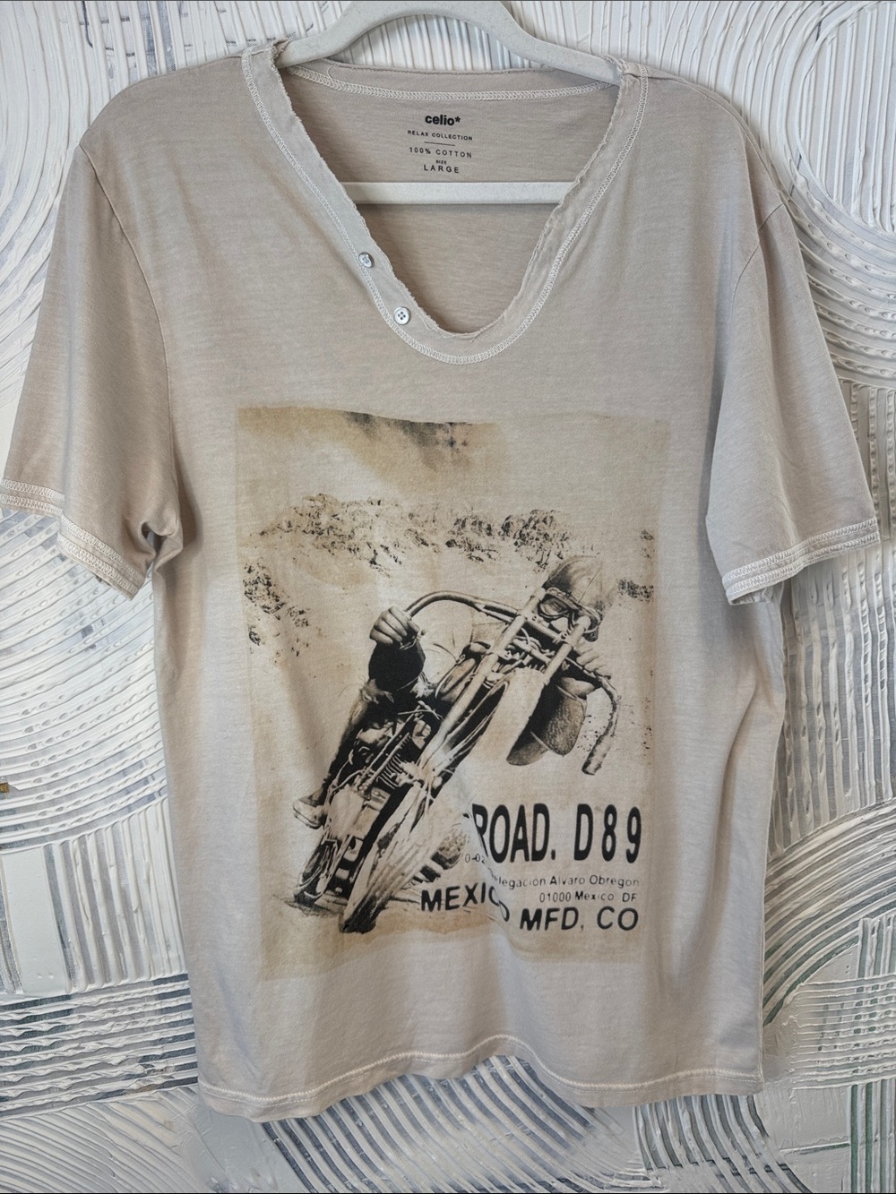 Cellio Beige Henley Graphic Motorcycle Tee